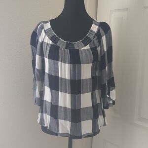 Copper Key Black White Buffalo Plaid Smocked Peasant Blouse Top Size L